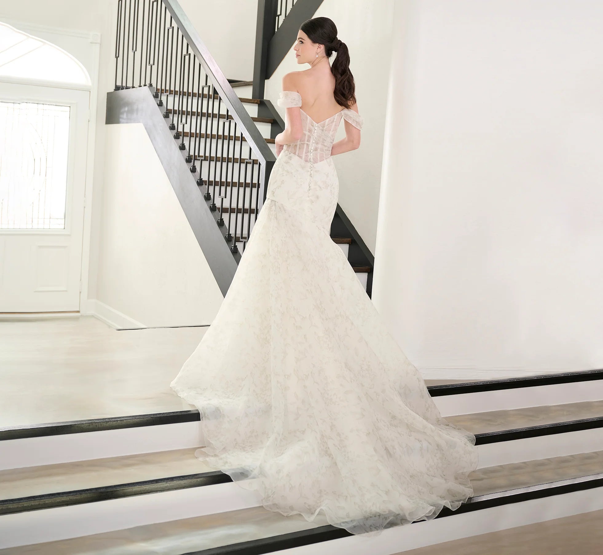Watercolor Printed Organza Gown In Green Multi