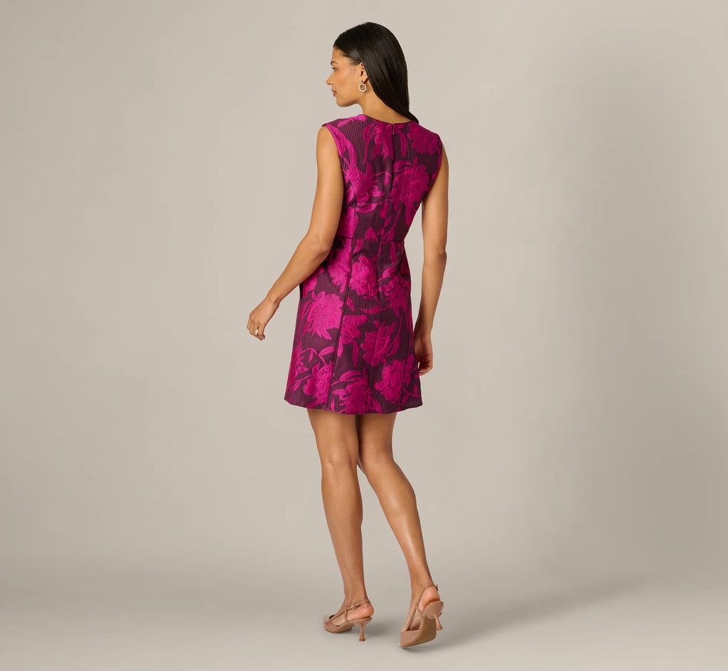 Floral Jacquard Short A Line Dress In Burgundy Pink