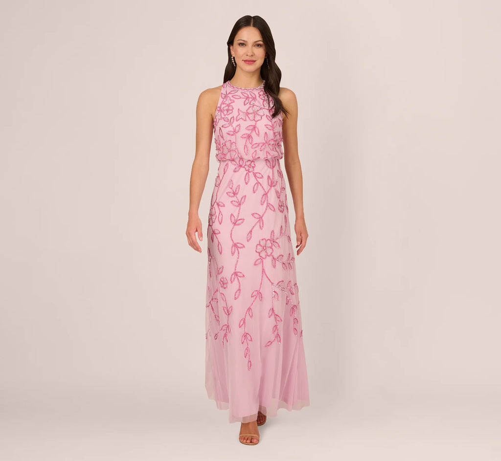 Sleeveless Blouson Mermaid Gown With Jasmine Beading In Pink Lace