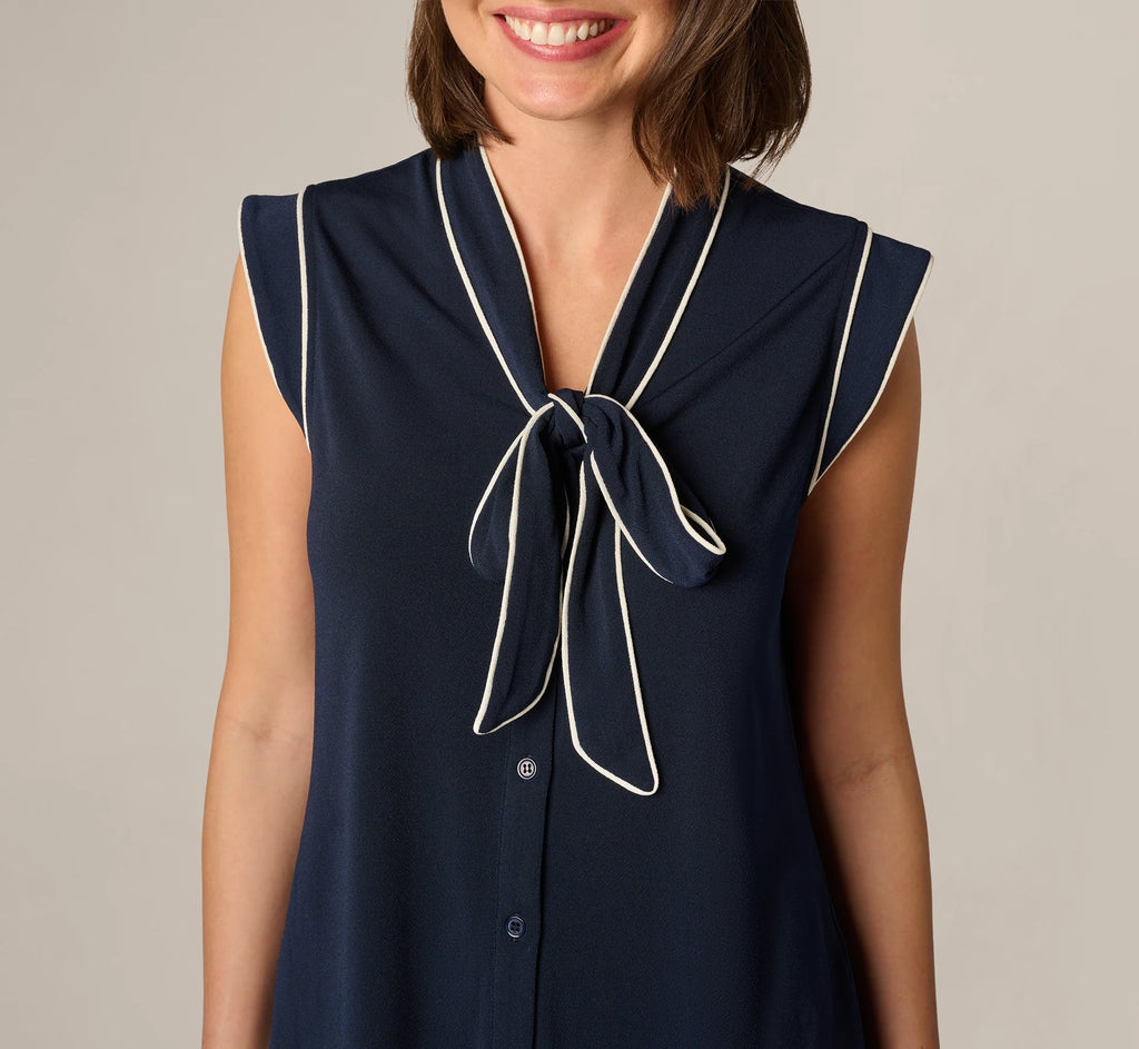Cap Sleeve Tie Neck Blouse In Blue Moon Ivory