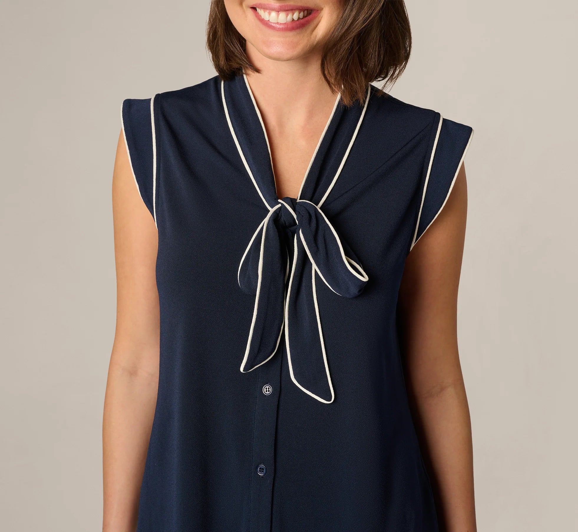 Cap Sleeve Tie Neck Blouse In Blue Moon Ivory