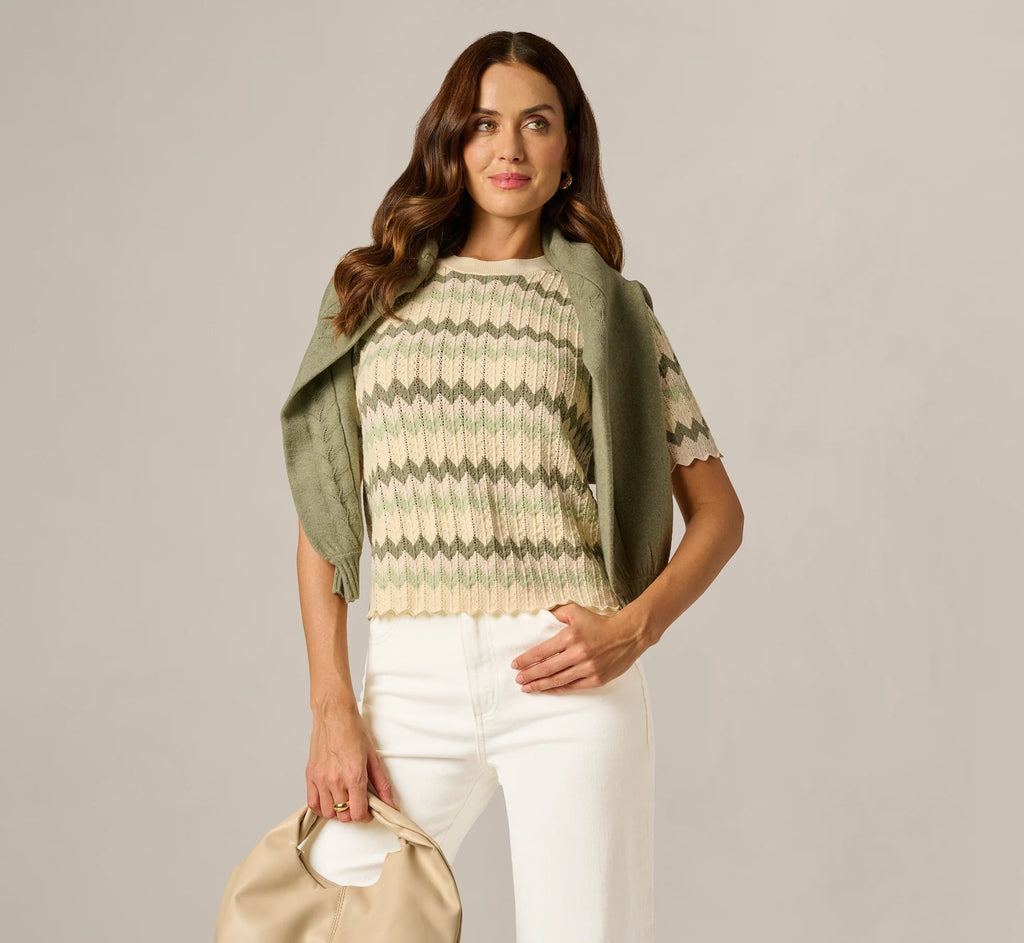 Short Sleeve Open Pointelle Scalloped Sweater In Dusty Sage Green Chevron