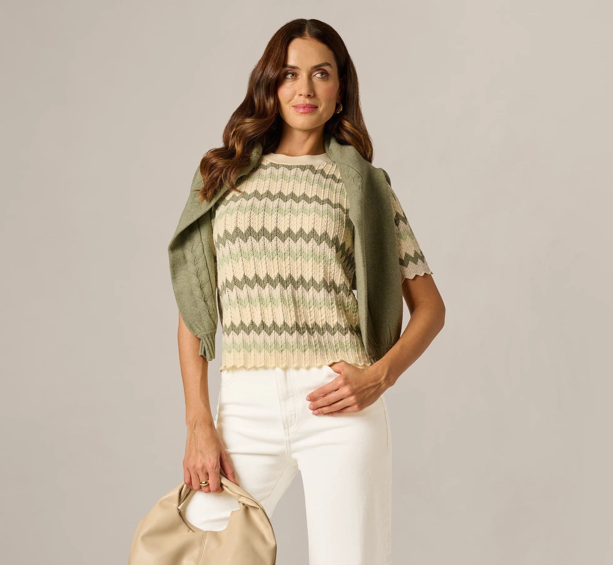 Short Sleeve Open Pointelle Scalloped Sweater In Dusty Sage Green Chevron