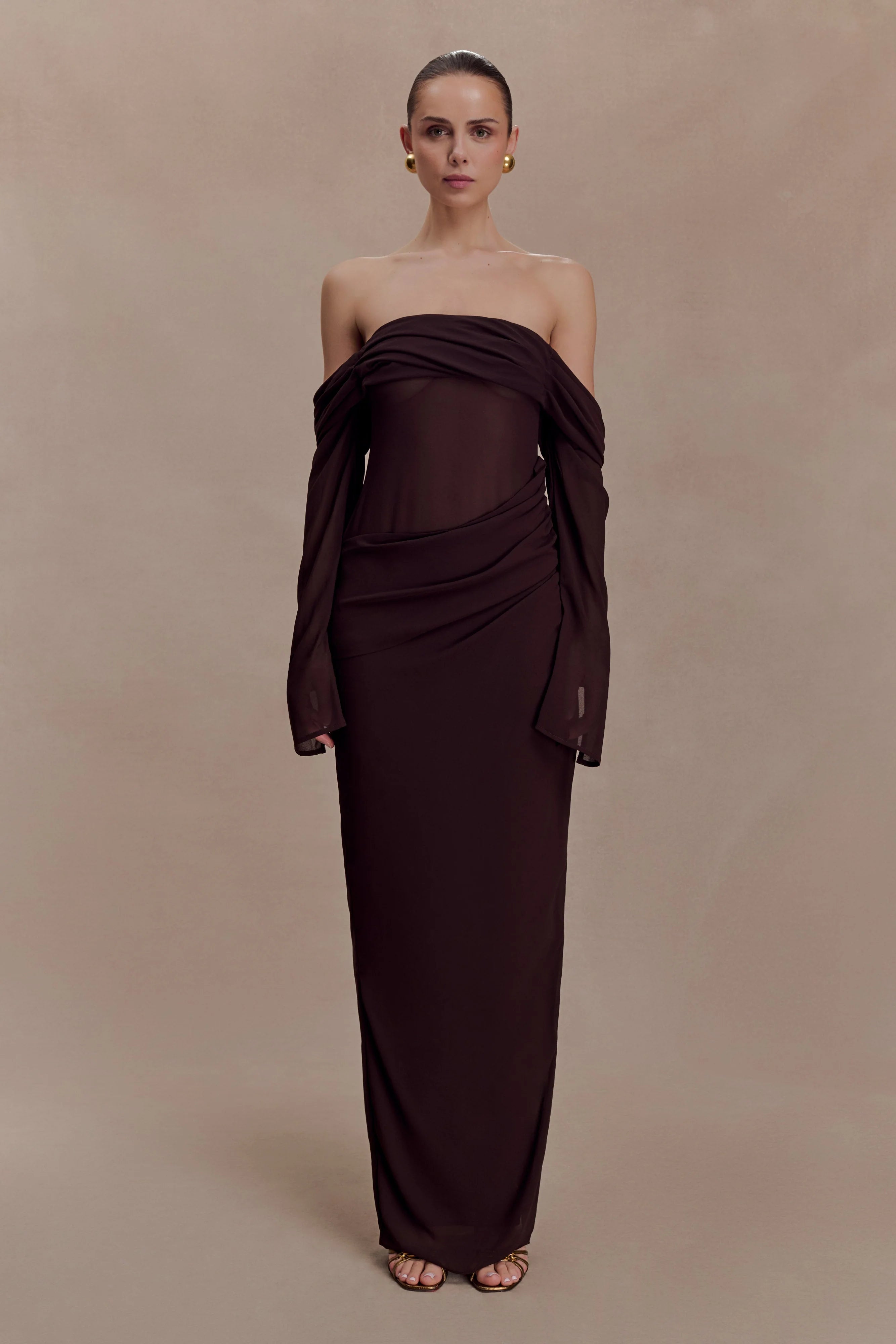 Kirsten Off Shoulder Chiffon Maxi Dress - Cacao Brown