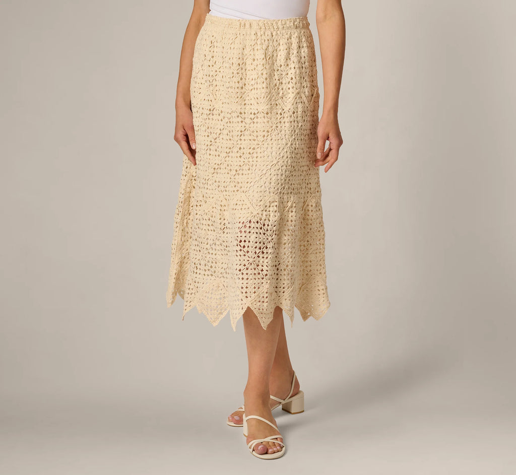 Crochet Knit Dagger Hem Midi Skirt In Cream