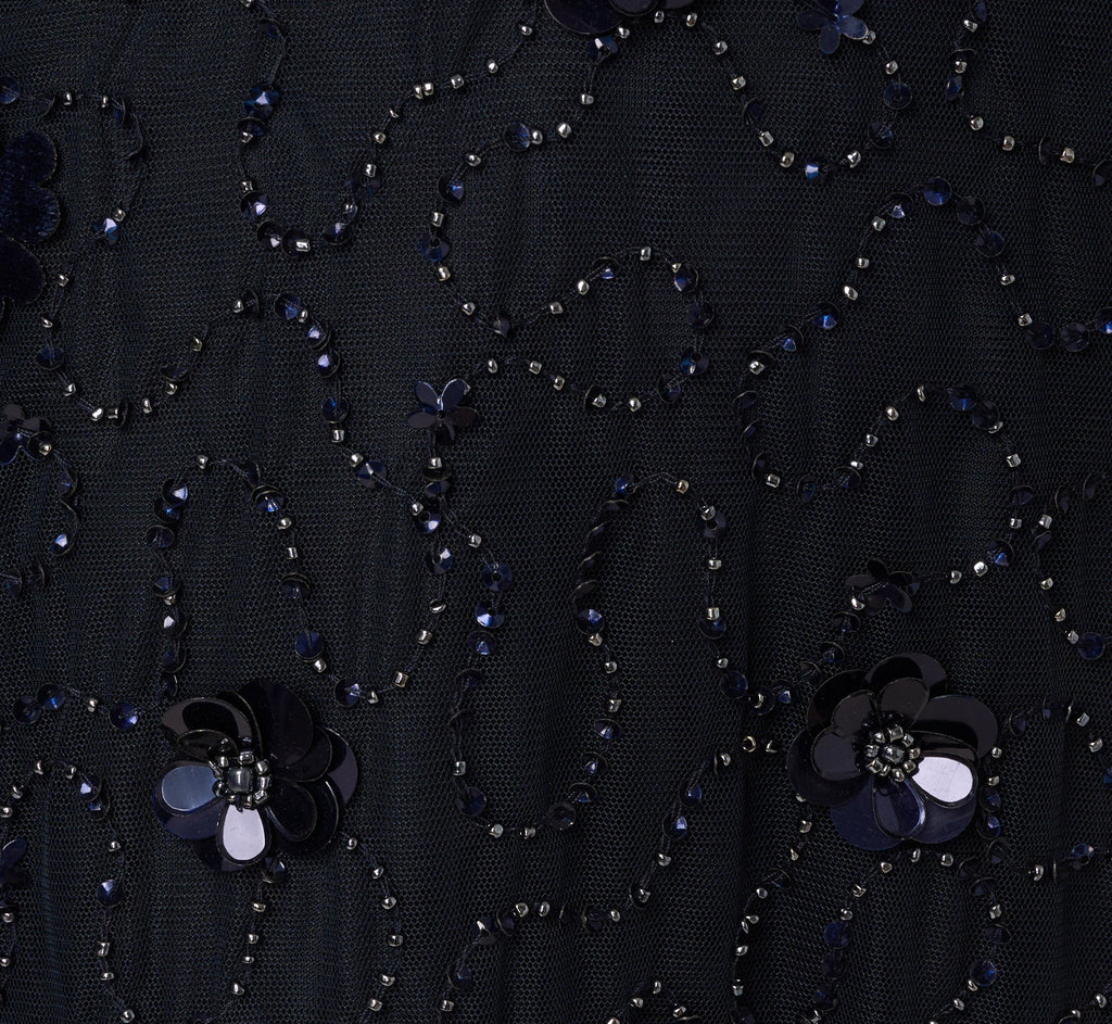 Long Sleeve Illusion Floral Beaded Midi Dress In Midnight