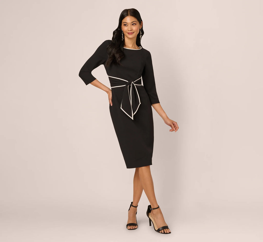 Knit Crepe Tie Dress In Black Ivory