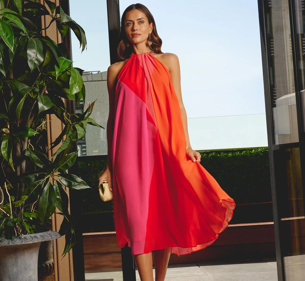 Color Block Chiffon Trapeze Dress With Chain Halter Neckline In Red Multi