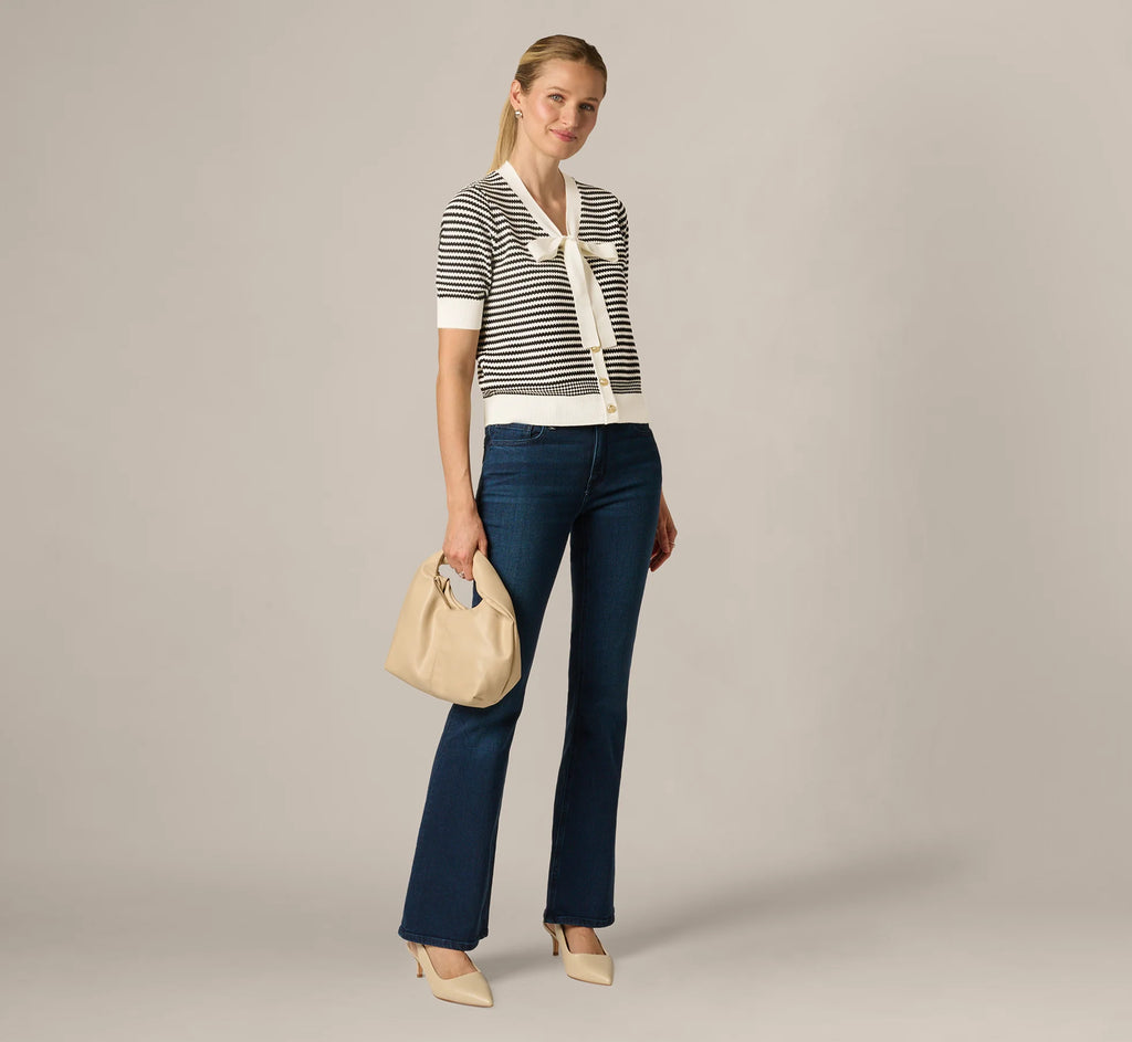 Short Sleeve Tie Neck Cardigan In Ivory Black