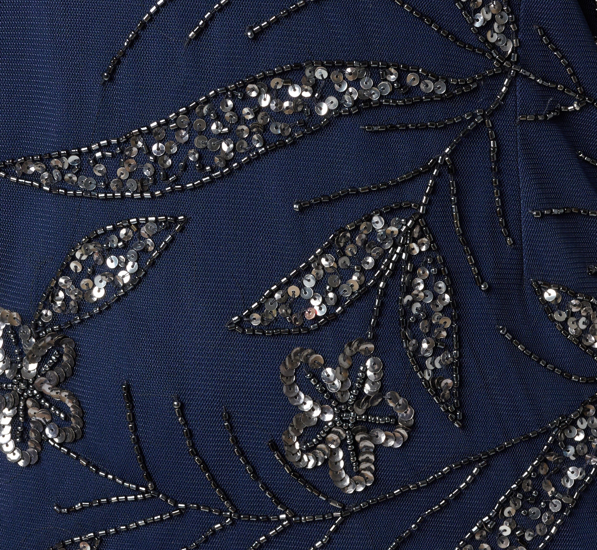 One Shoulder Floral Sequin Bead Gown In Light Navy
