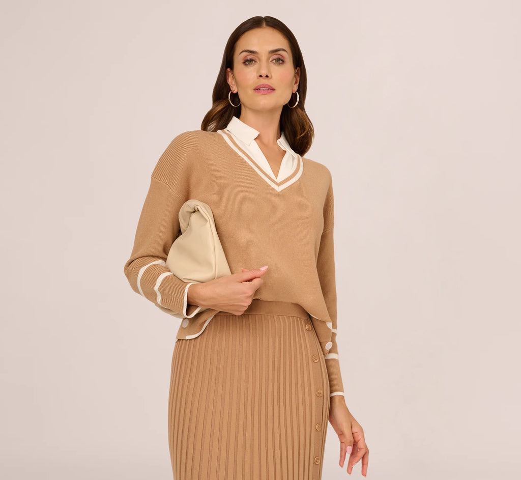 Long Sleeve Drop Shoulder Twofer Sweater In Golden Camel Ivory