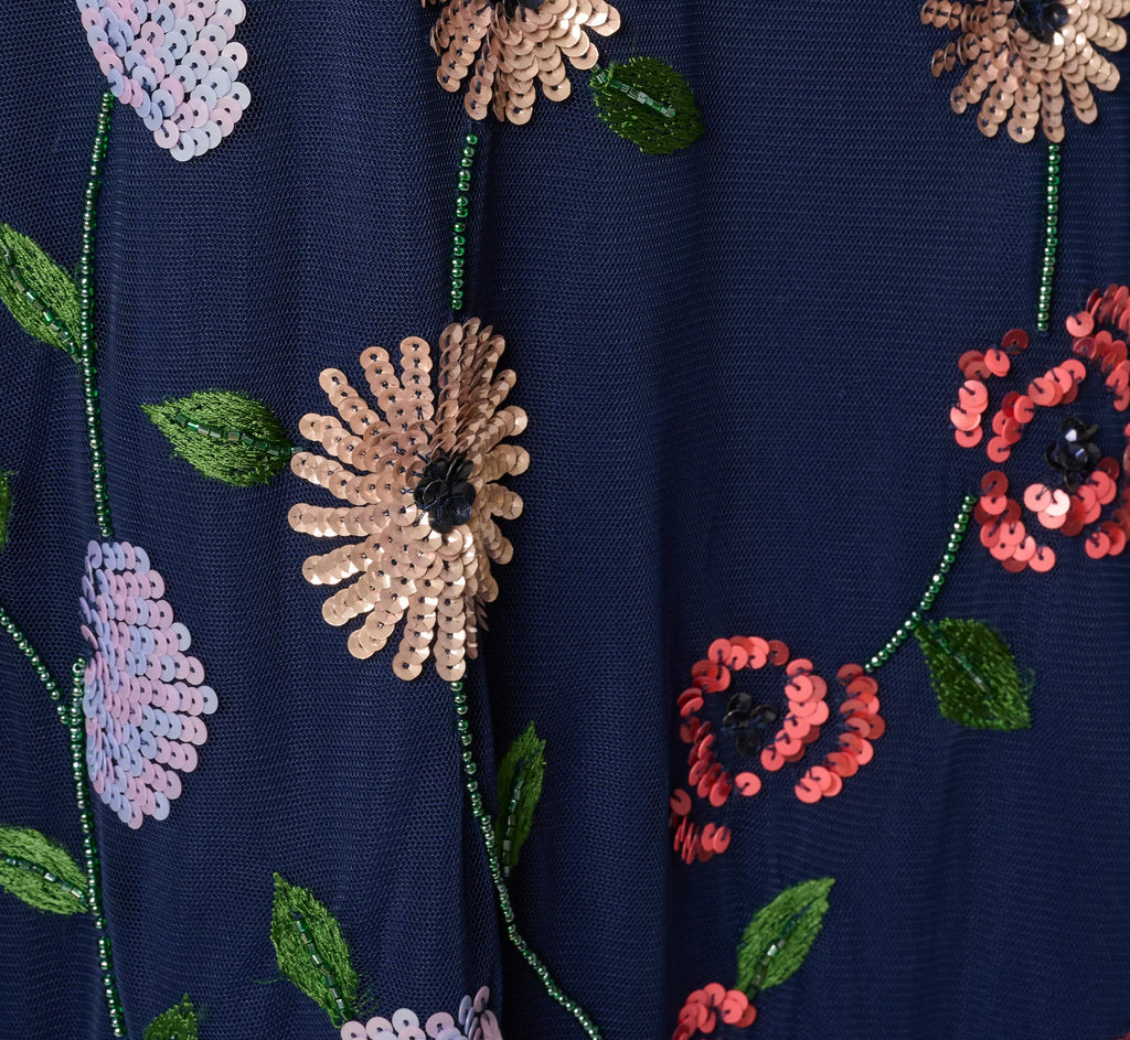 One Shoulder Floral Garden Beaded Gown In Navy Multi