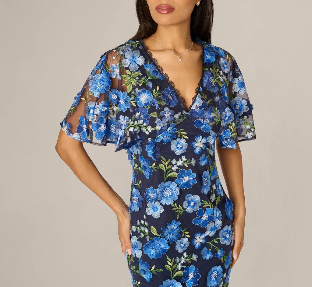 Cape Sleeve Floral Embroidered Midi Dress In Blue Multi
