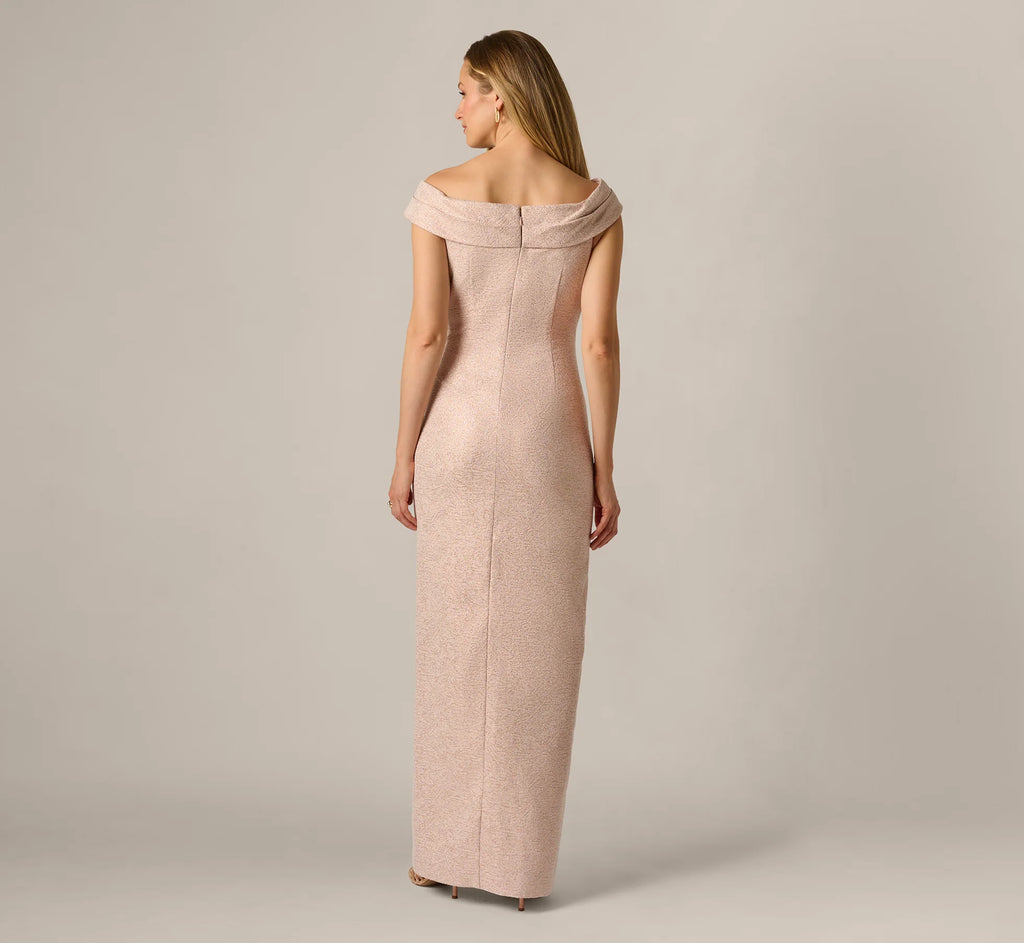 Off Shoulder Draped Stretch Jacquard Gown In Blush
