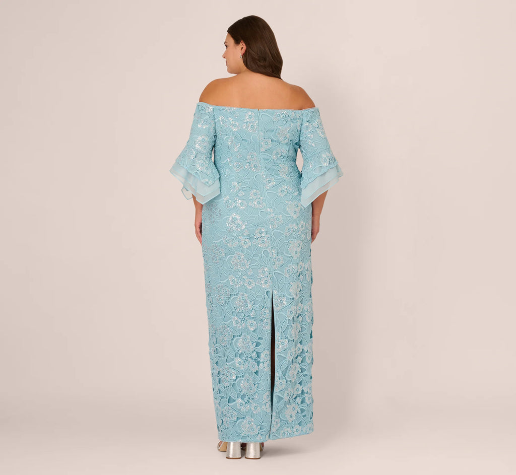 Plus Size Off Shoulder Bell Sleeve Sequin Lace Gown In Airy Aqua
