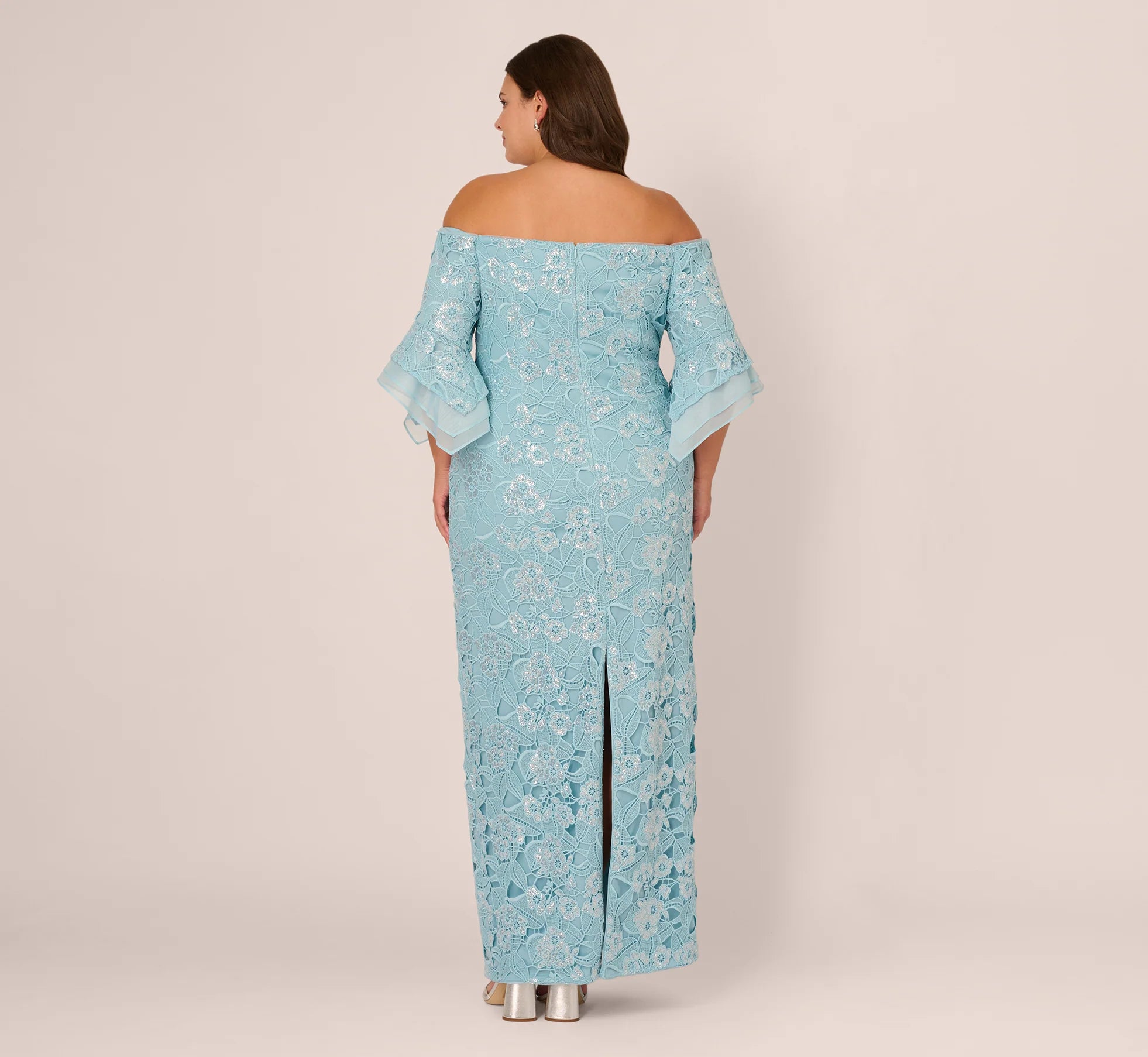 Plus Size Off Shoulder Bell Sleeve Sequin Lace Gown In Airy Aqua