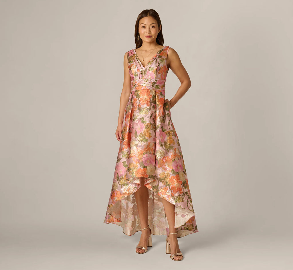 Metallic Floral Jacquard High Low Gown In Yellow Orange Multi