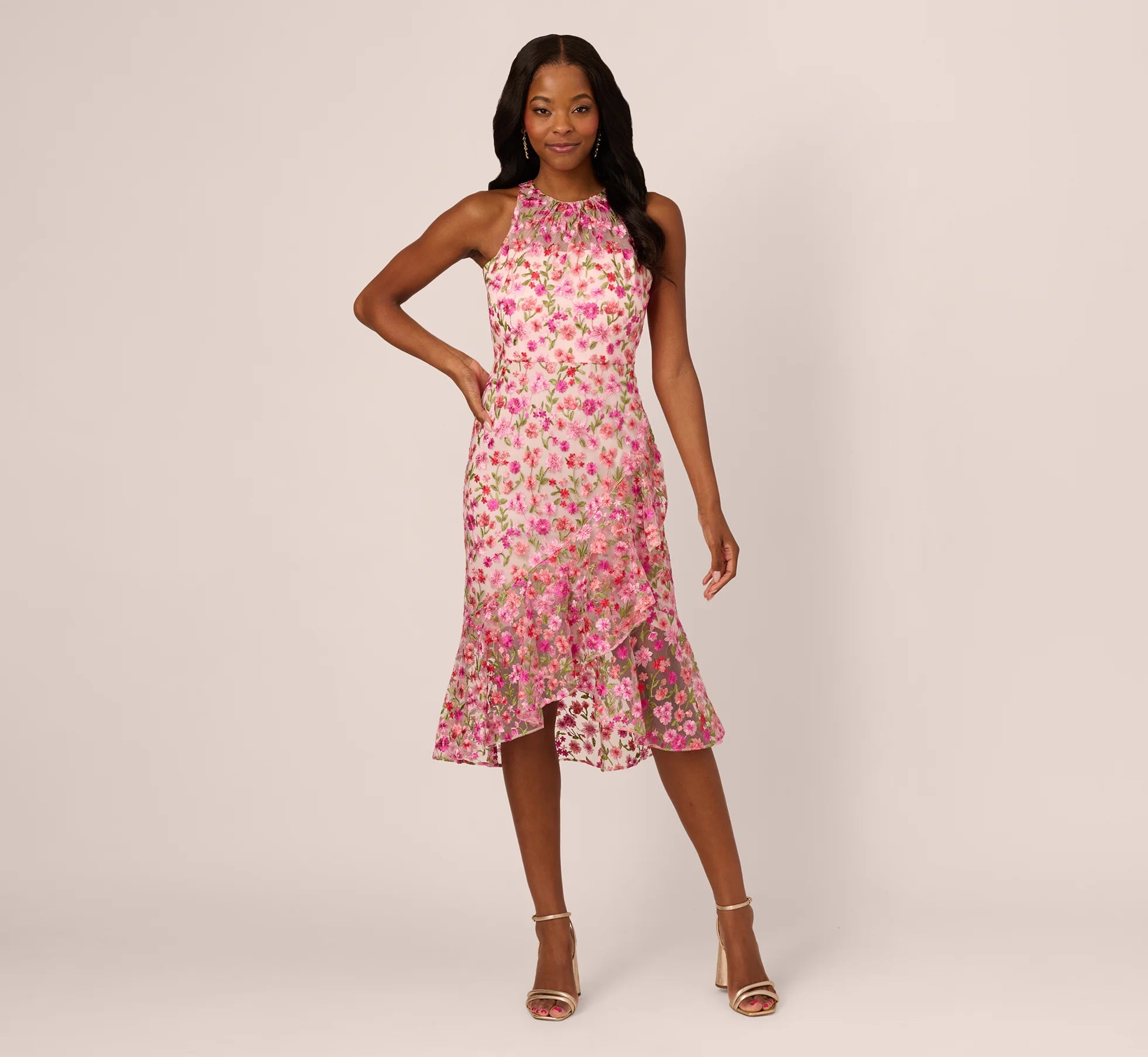 Floral Embroidered Flounce Halter Dress In Pink Multi
