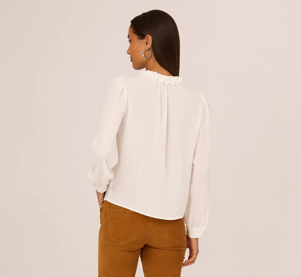 Long Sleeve Semisheer Floral Collar Blouse In Ivory
