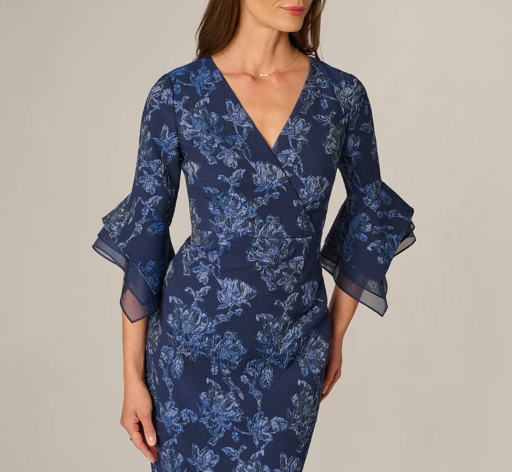 Floral Jacquard Bell Sleeve Sheath Dress In Navy Sateen