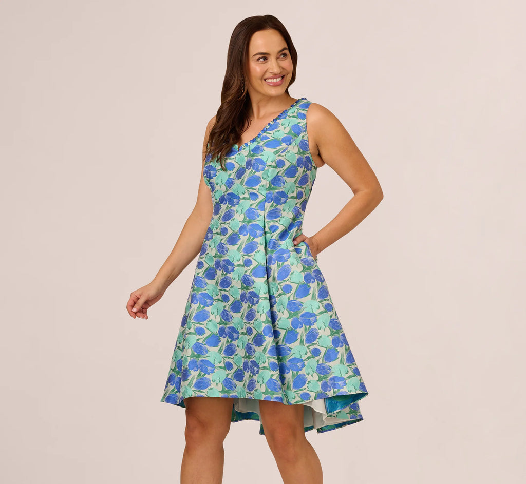 Plus Size Sleeveless Tulip Jacquard Fit And Flare Midi Dress In Blue Green Multi