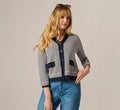Fringe Trim Cardigan Sweater In Navy Ivory