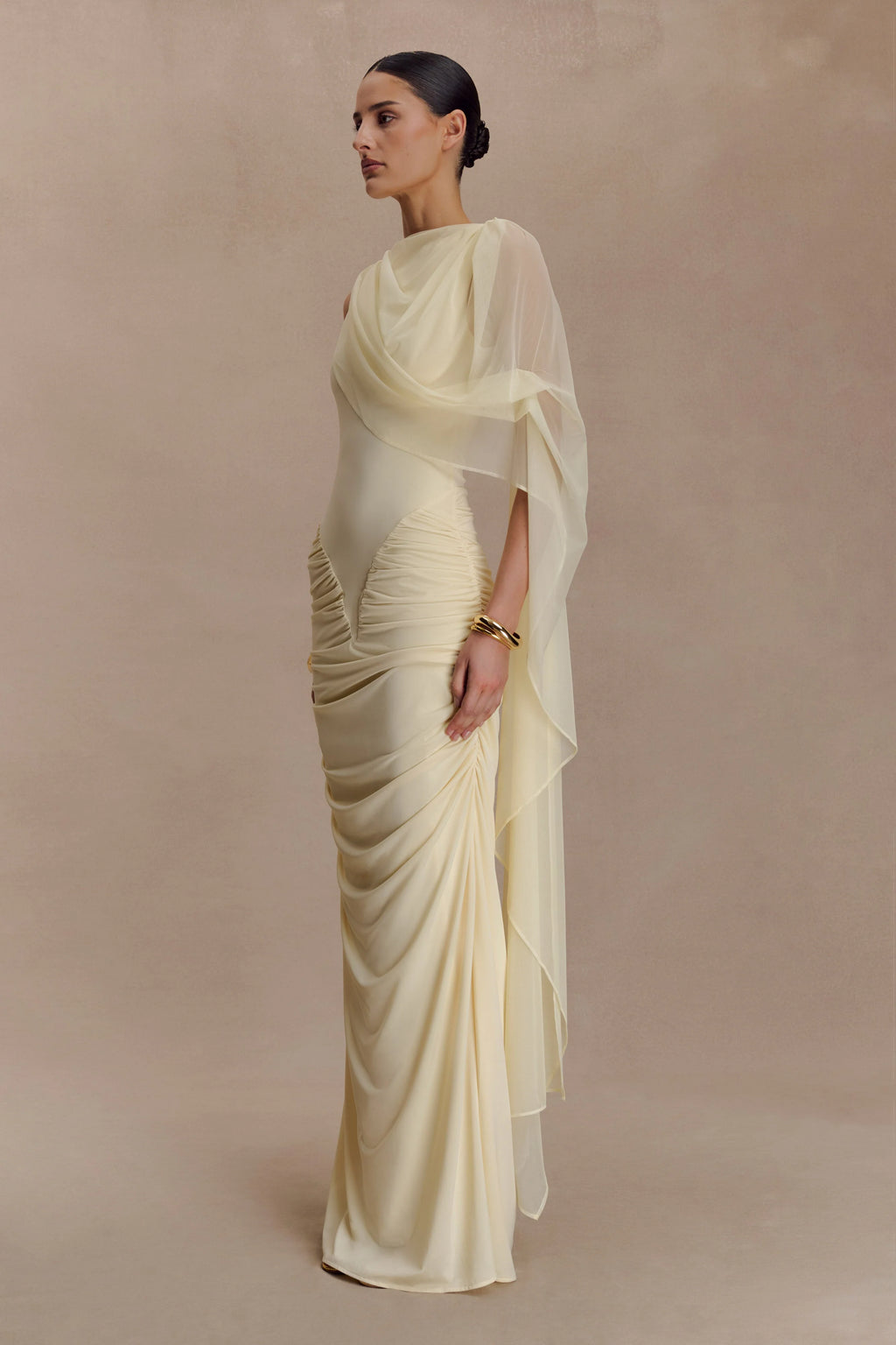 Amandine Ruched Slinky Maxi Dress - Lemon