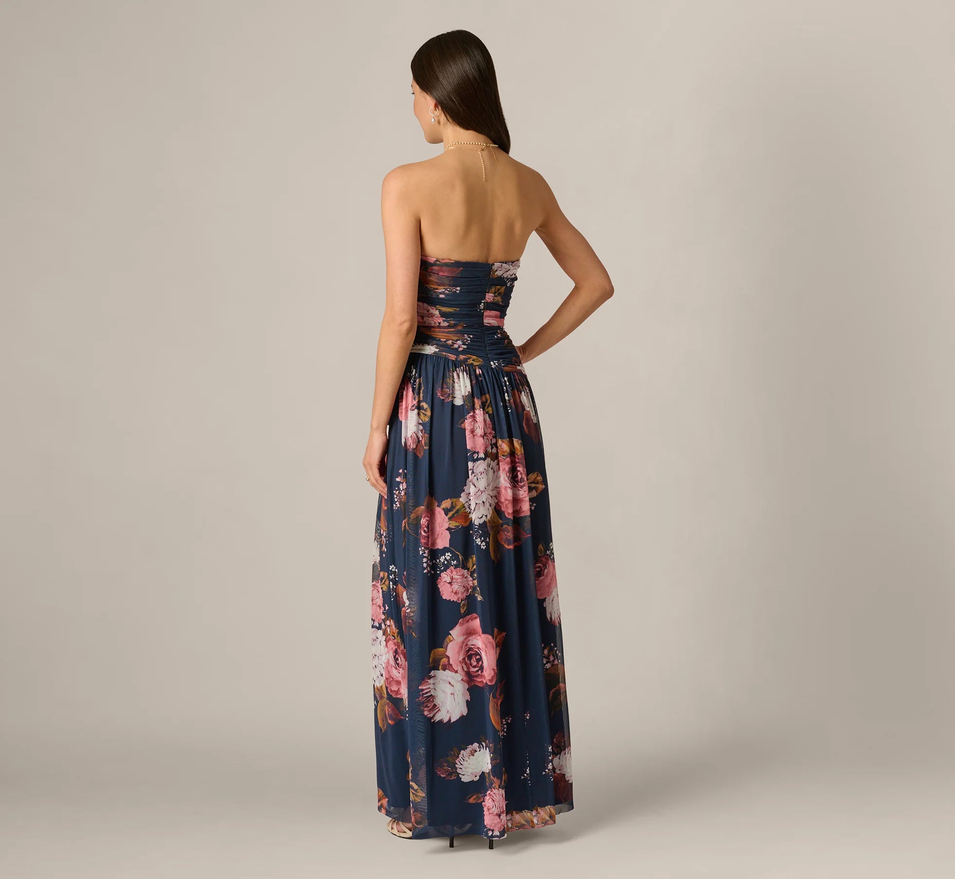 Strapless Ruched Floral Stretch Mesh Gown In Navy Multi