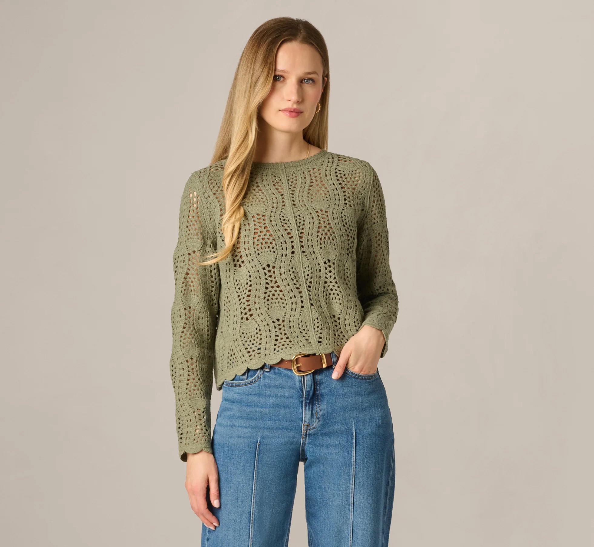 Long Sleeve Open Crochet Sweater In Sage Moss