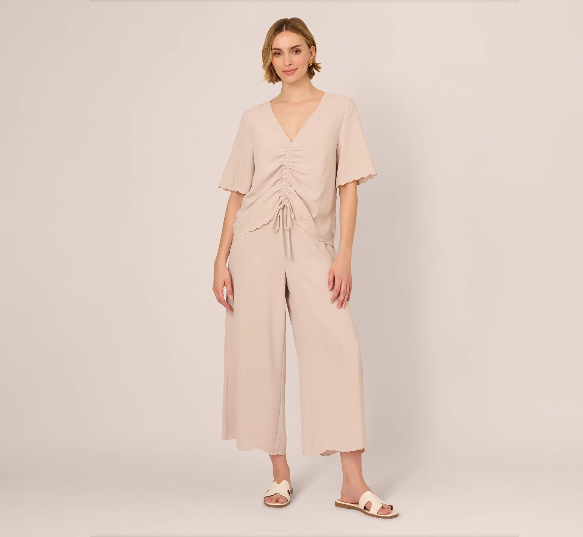 Embroidered Airflow Top And Wide Leg Pant Set In Pebble