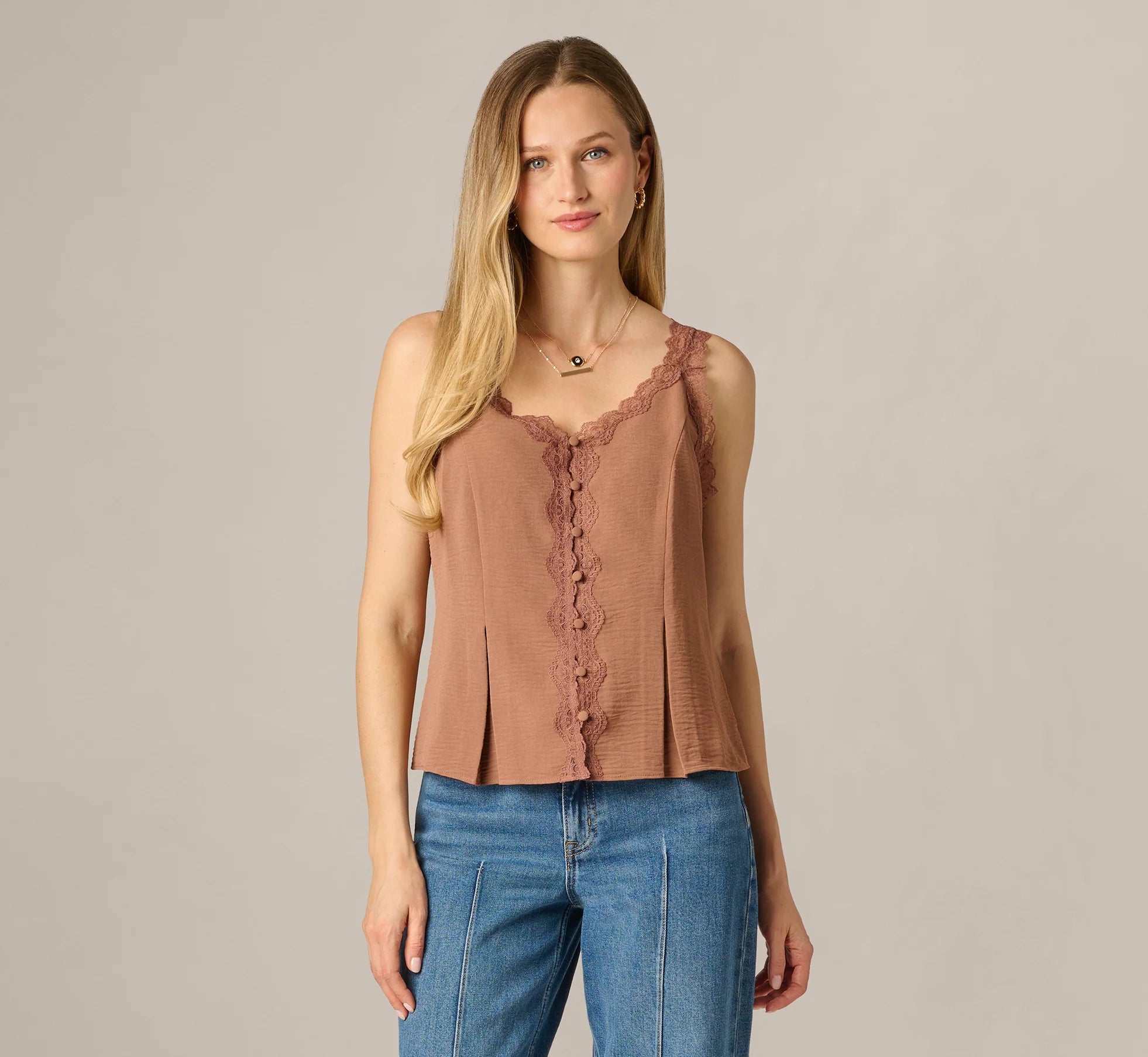 Pleated Lace Trim Tank Top In Acorn