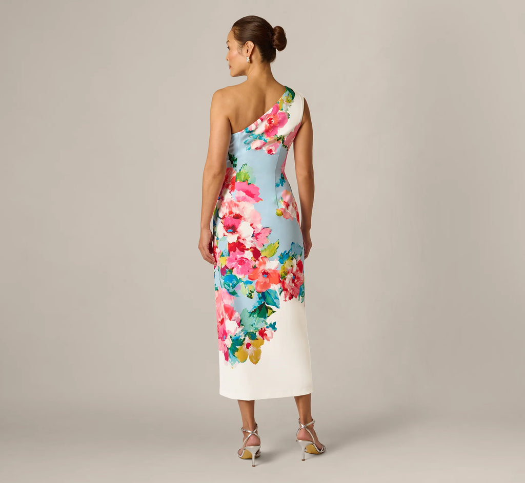 One Shoulder Floral Twill Midi Dress In Blue Multi