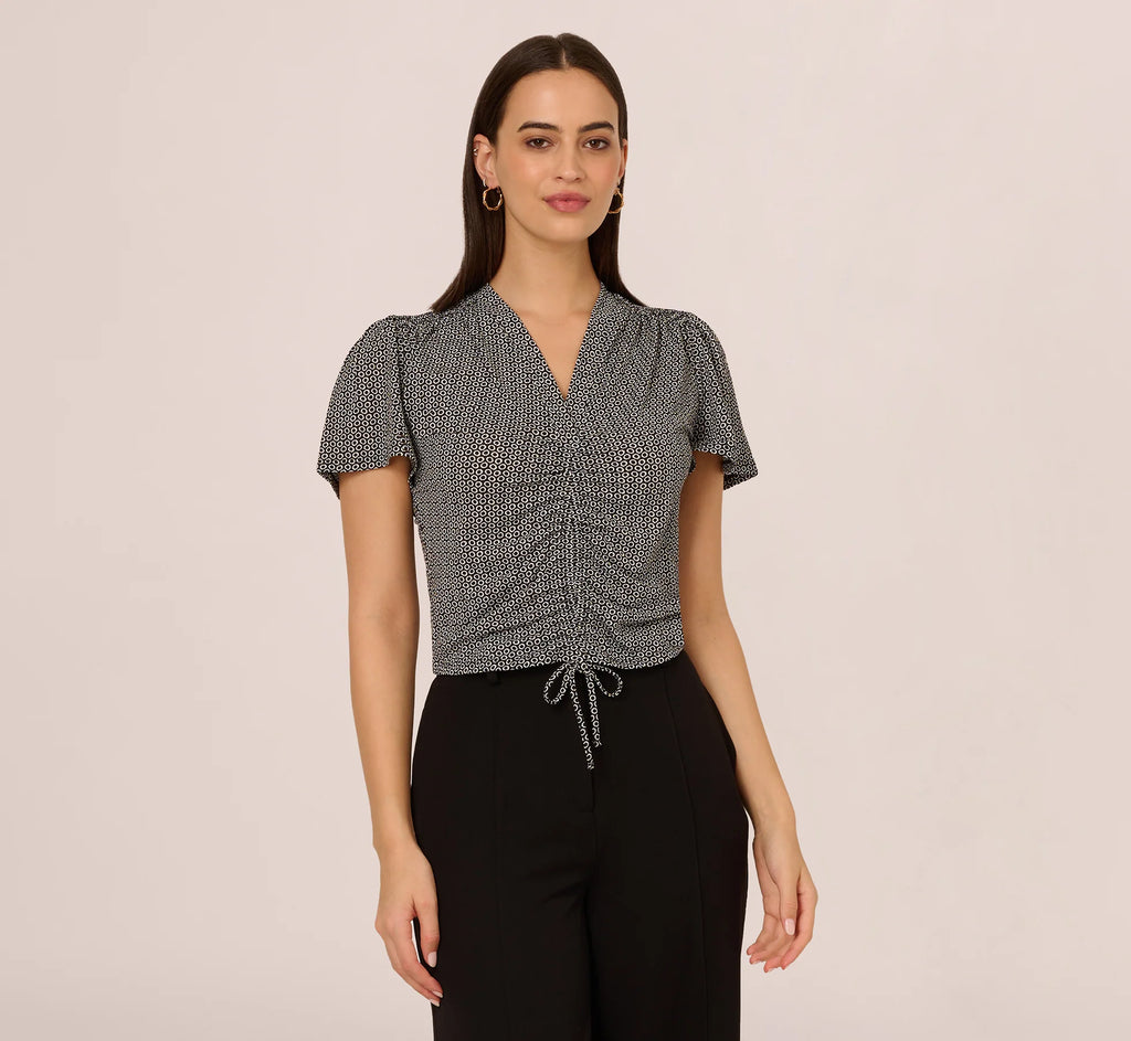 Flutter Sleeve Ruched Front Printed Top In Black Cloud Carnation