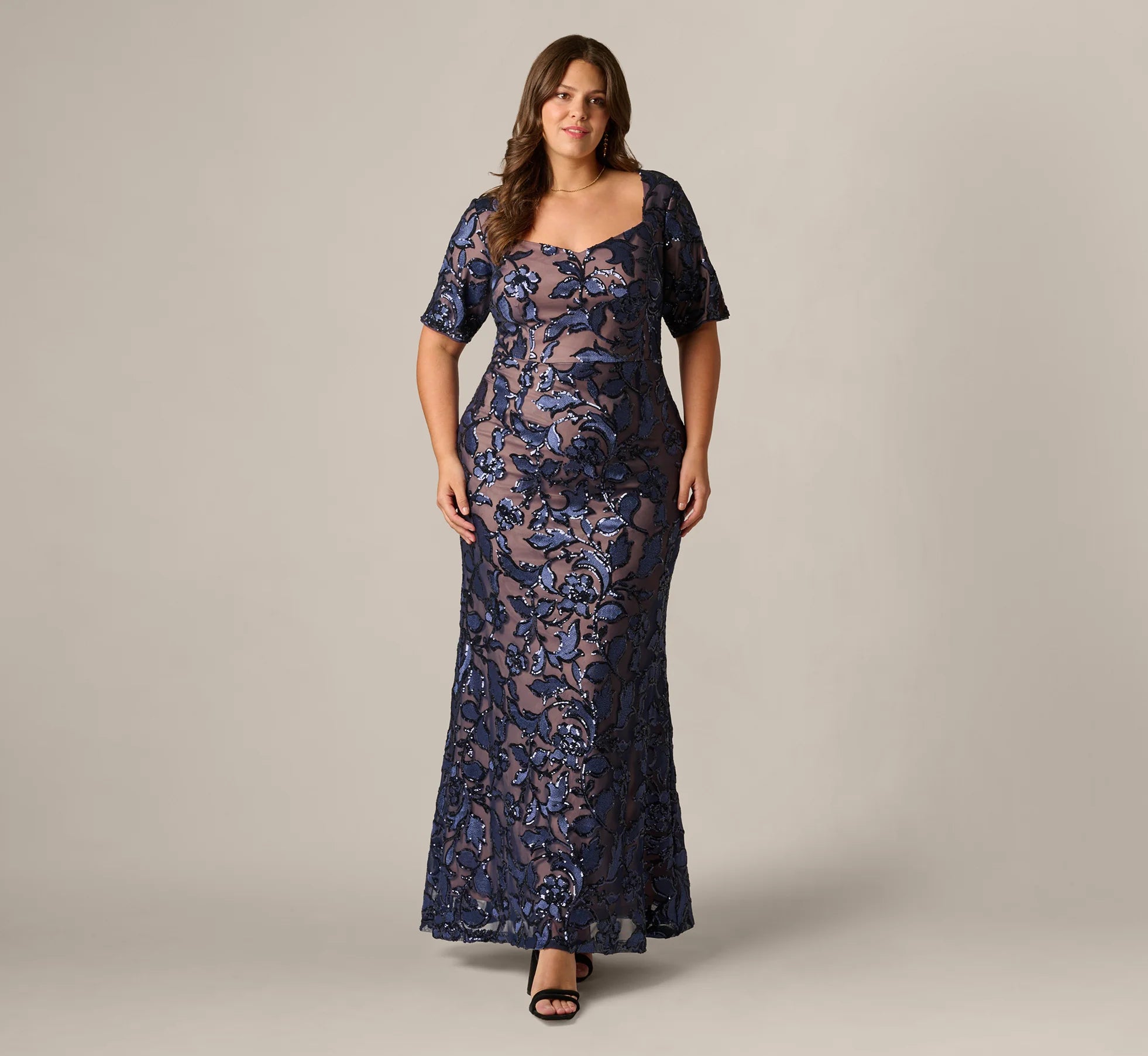 Plus Size Short Sleeve Floral Sequin Stretch Mesh Gown In Navy Rosegold