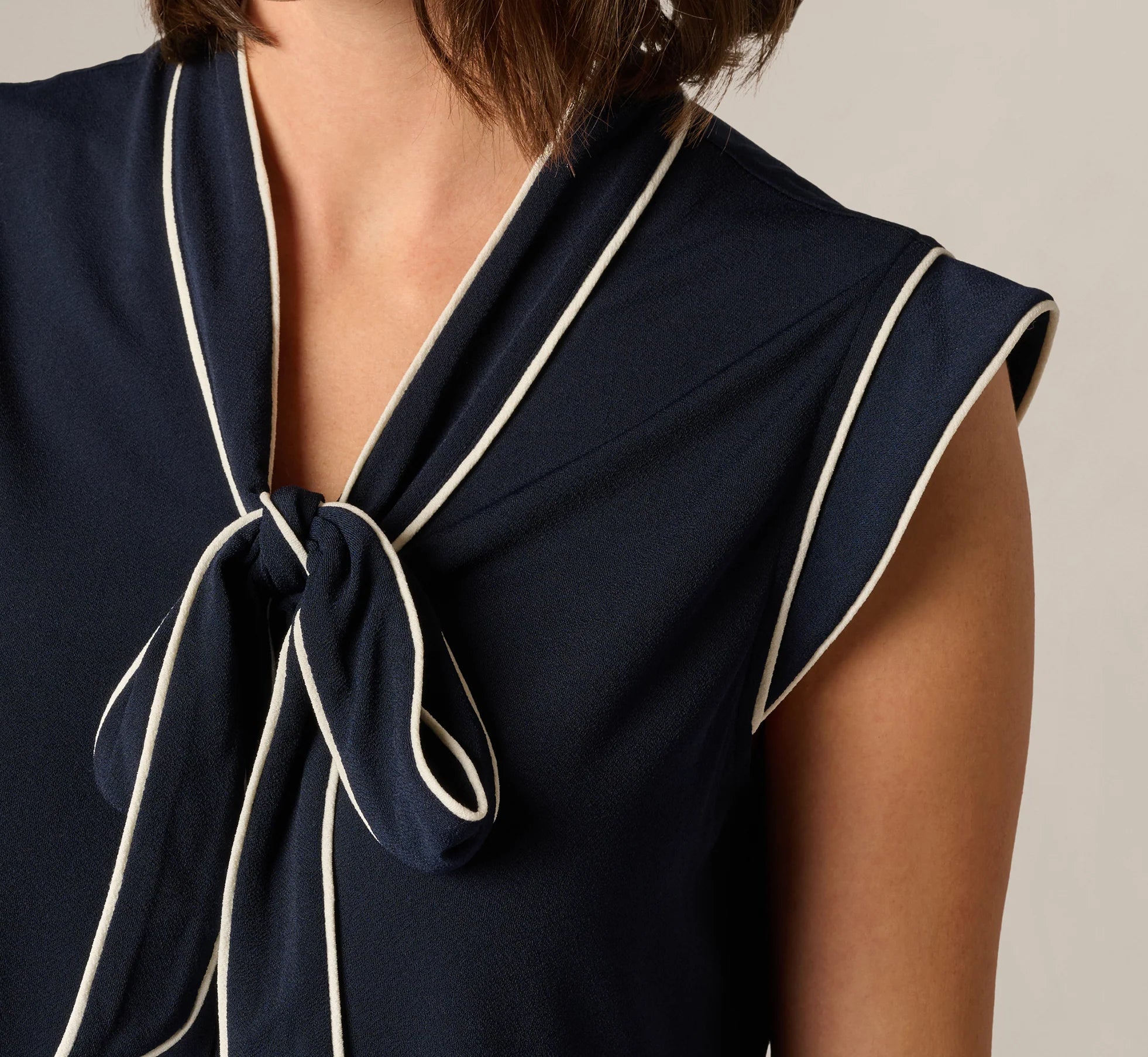 Cap Sleeve Tie Neck Blouse In Blue Moon Ivory