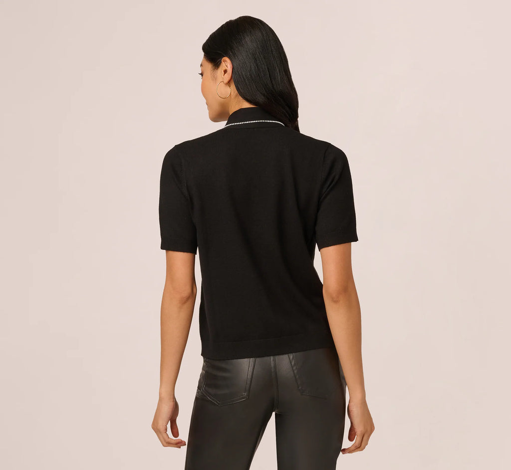 Short Sleeve Pearly Tie Neck Knit Top In Black