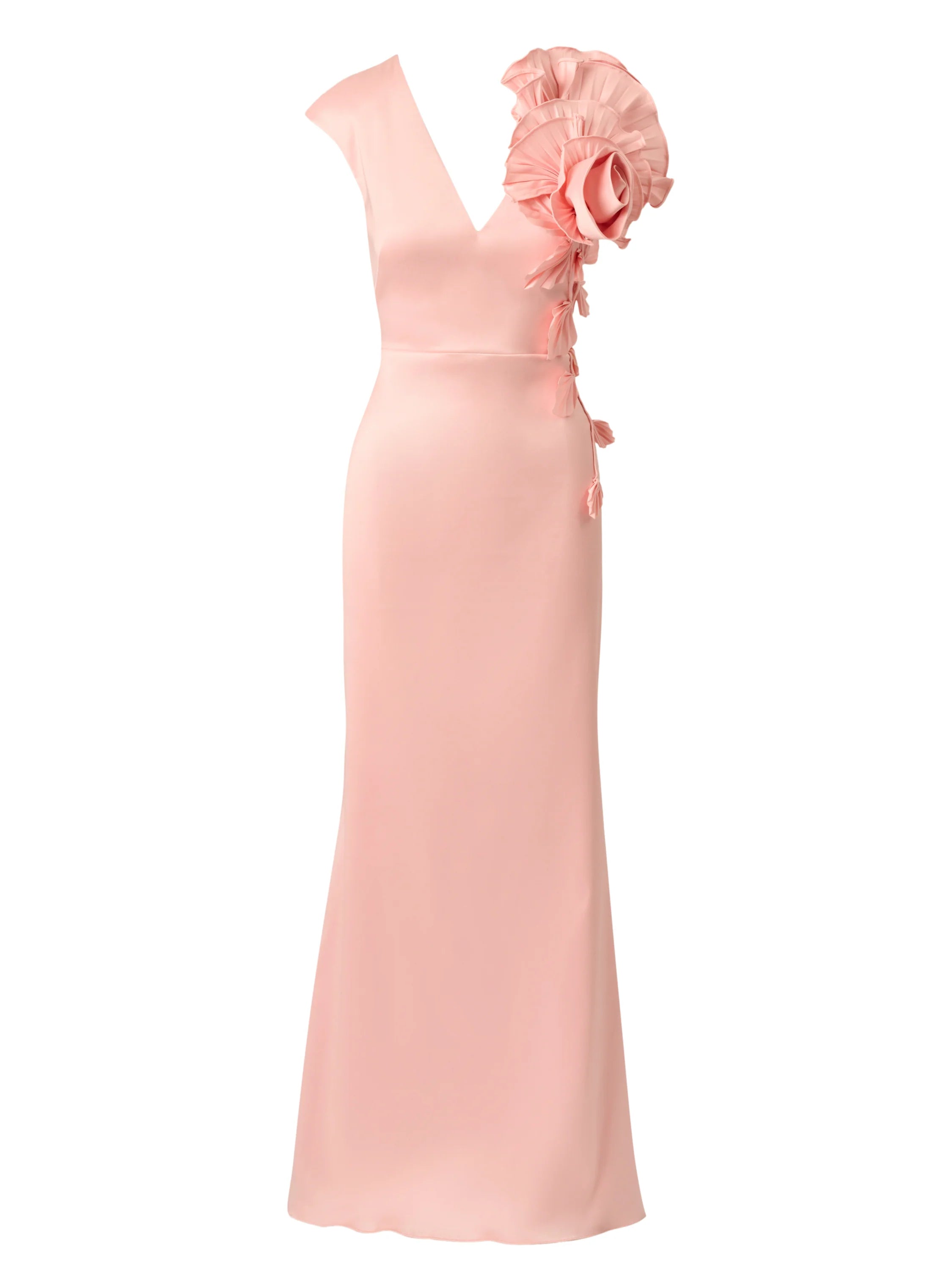 Stretch Mikado Rosette Shoulder Gown In Pink Cloud
