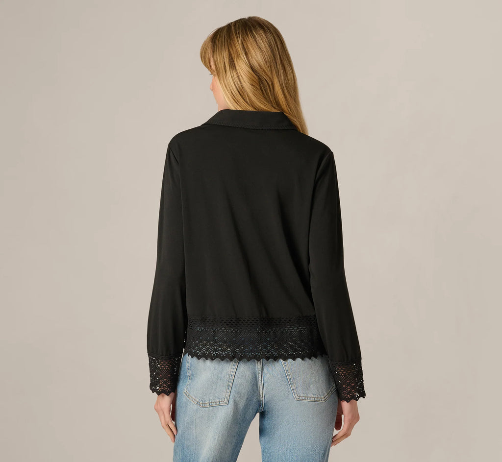 Long Sleeve Crochet Lace Collared Blouse In Black