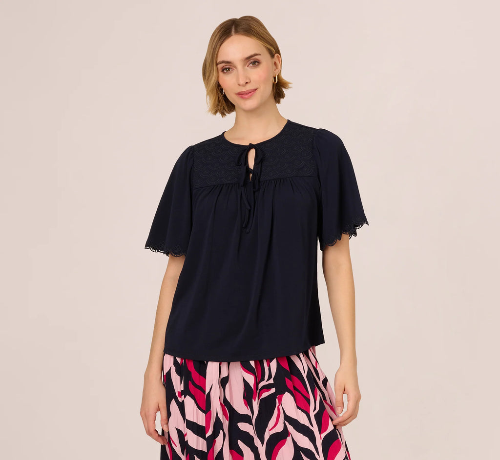 Short Sleeve Neck Tie Embroidered Yoke Top In Blue Moon