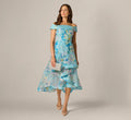 Off Shoulder Floral Organza High Low Midi Dress In Blue Multi