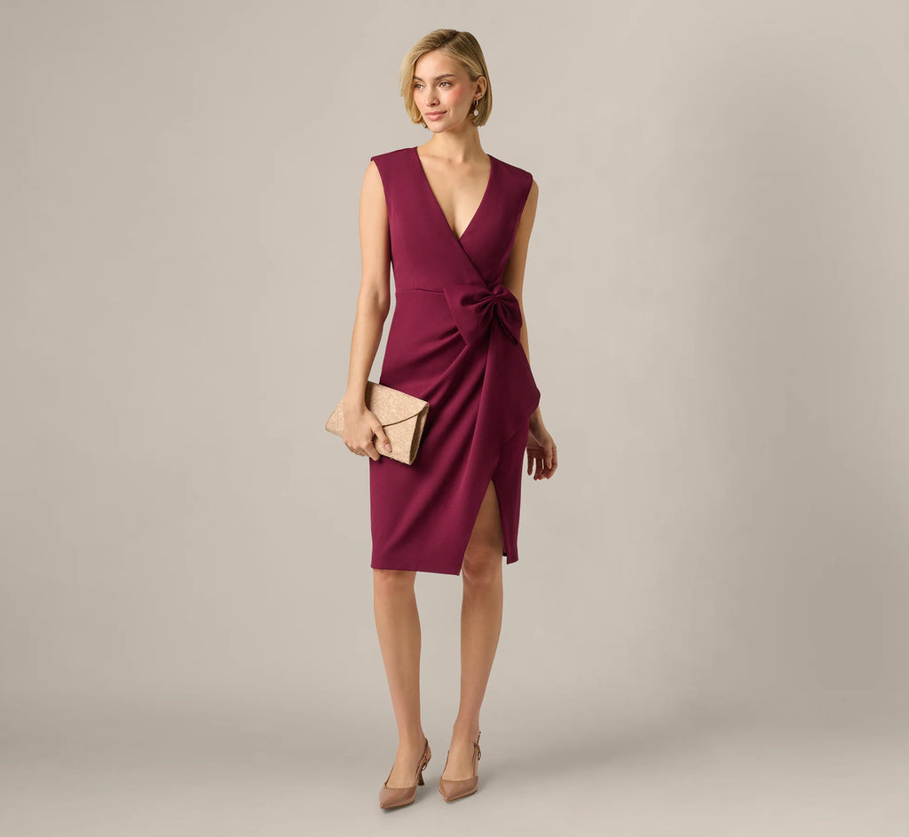 Bow Accent Stretch Wrap Dress In Cabernet