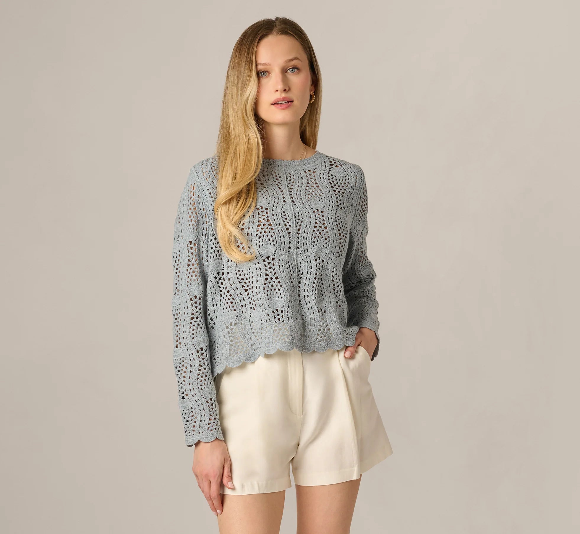 Long Sleeve Open Crochet Sweater In Soft Cloud