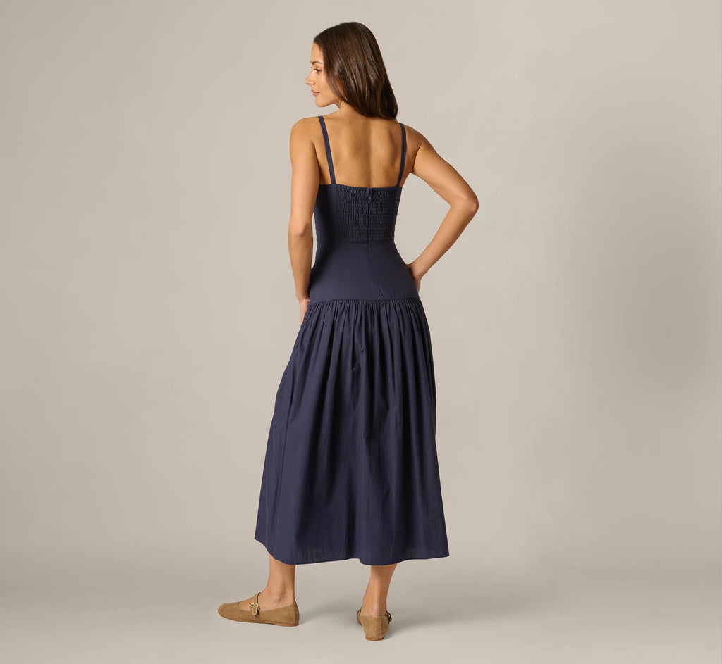 Drop Waist Chevron Cotton Midi Sundress In Navy Ivory