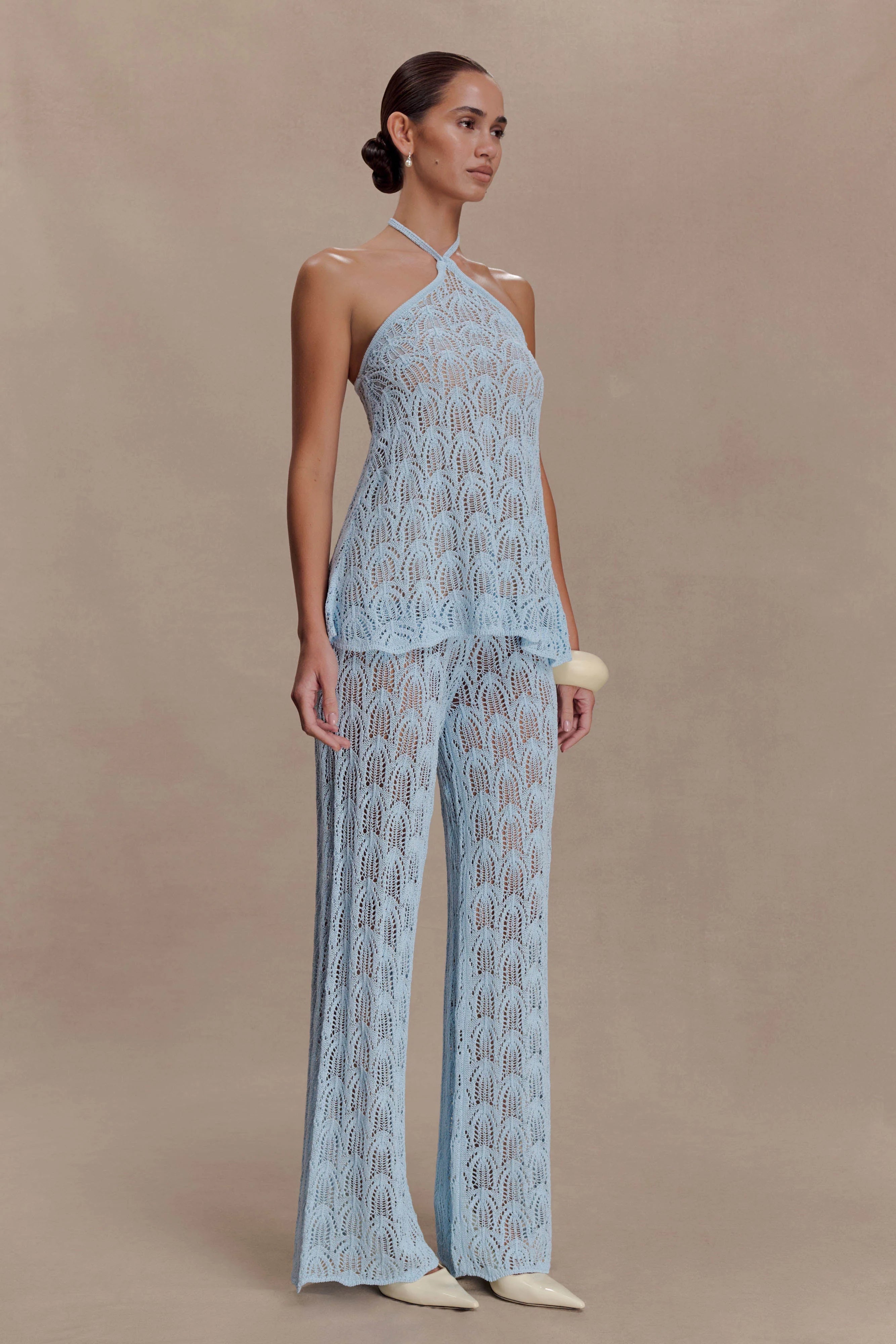 Corey Crochet Halter Neck Top - Light Blue