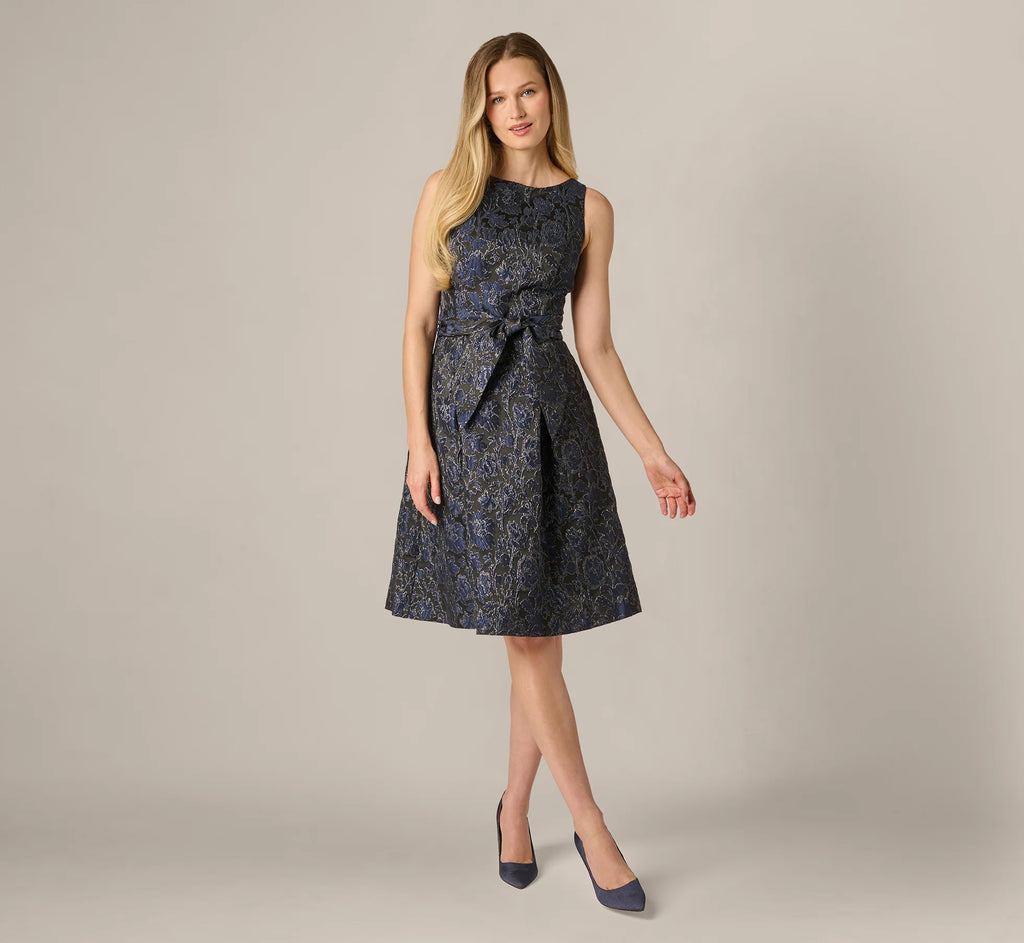 Jacquard Tie Front Fit And Flare Midi Dress In Black Navy