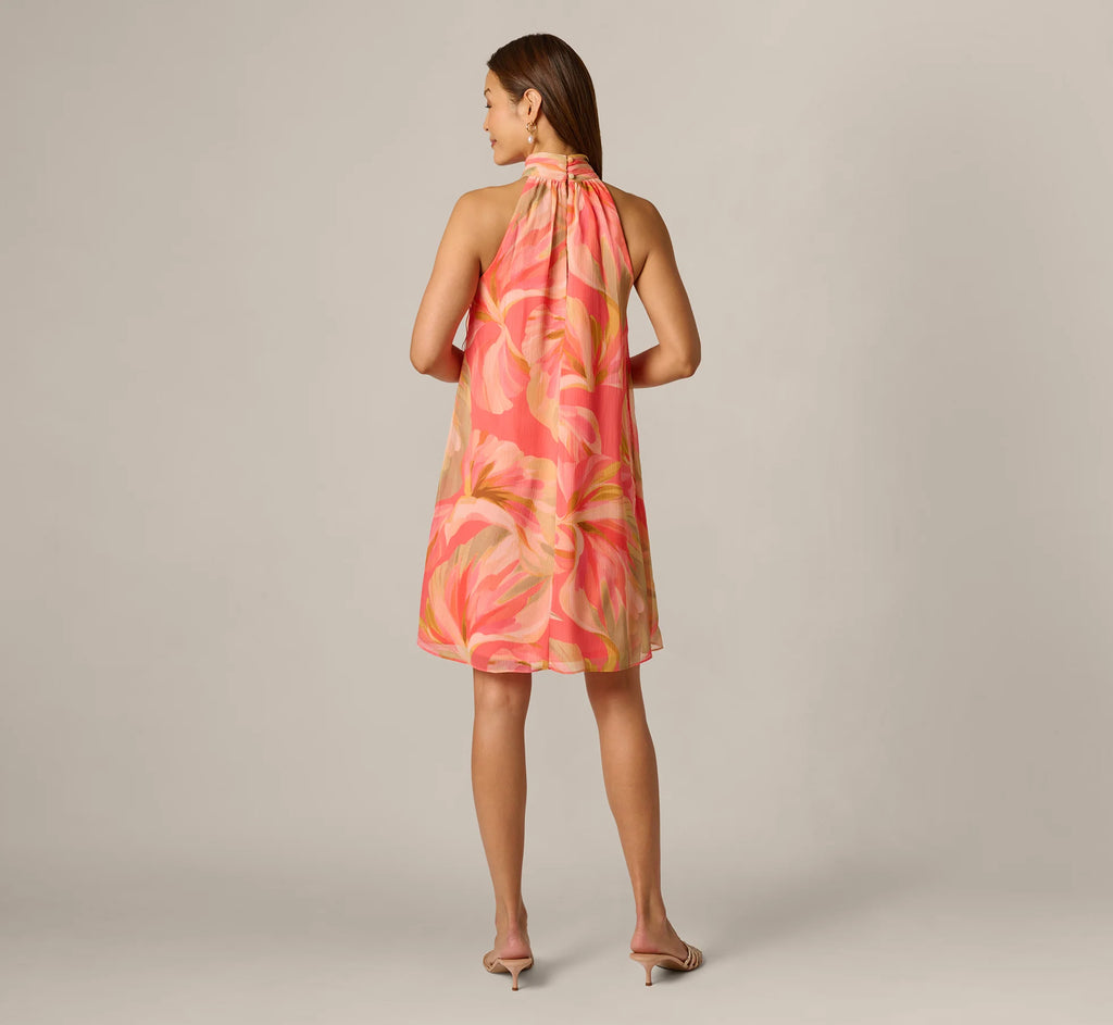 Draped Petal Floral Short Trapeze Dress In Coral Multi
