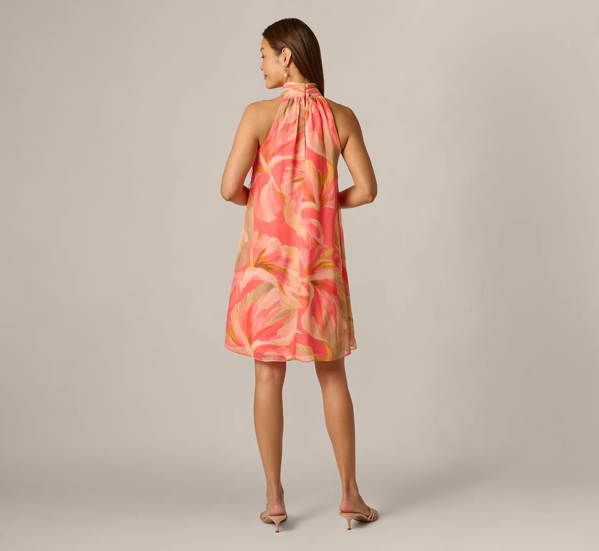 Draped Petal Floral Short Trapeze Dress In Coral Multi