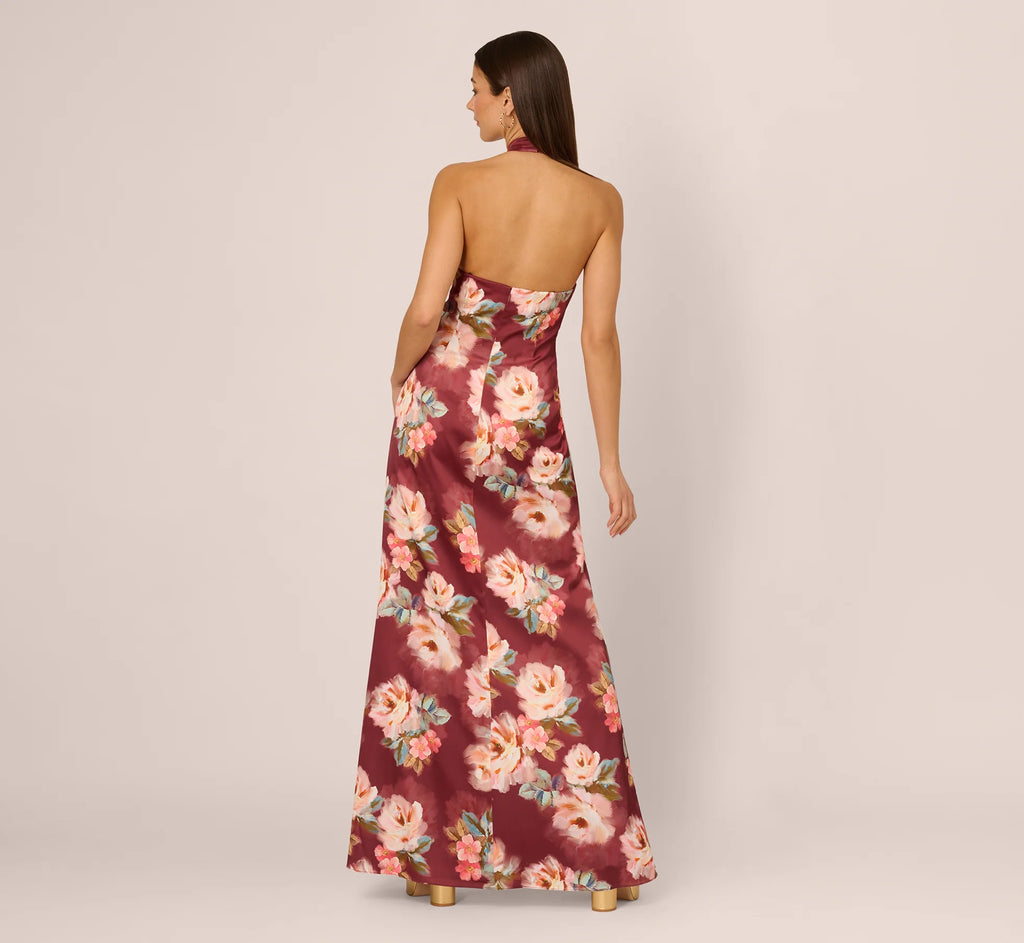 Floral Satin Twist Waist Halter Gown In Brown Multi