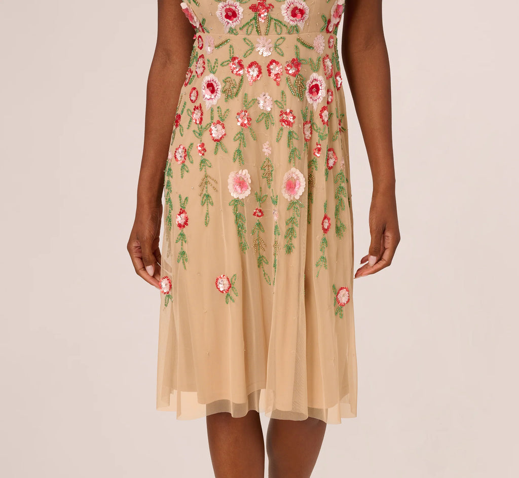 Sleeveless Fringe Trim Floral Bead Midi Dress In Nude Multi