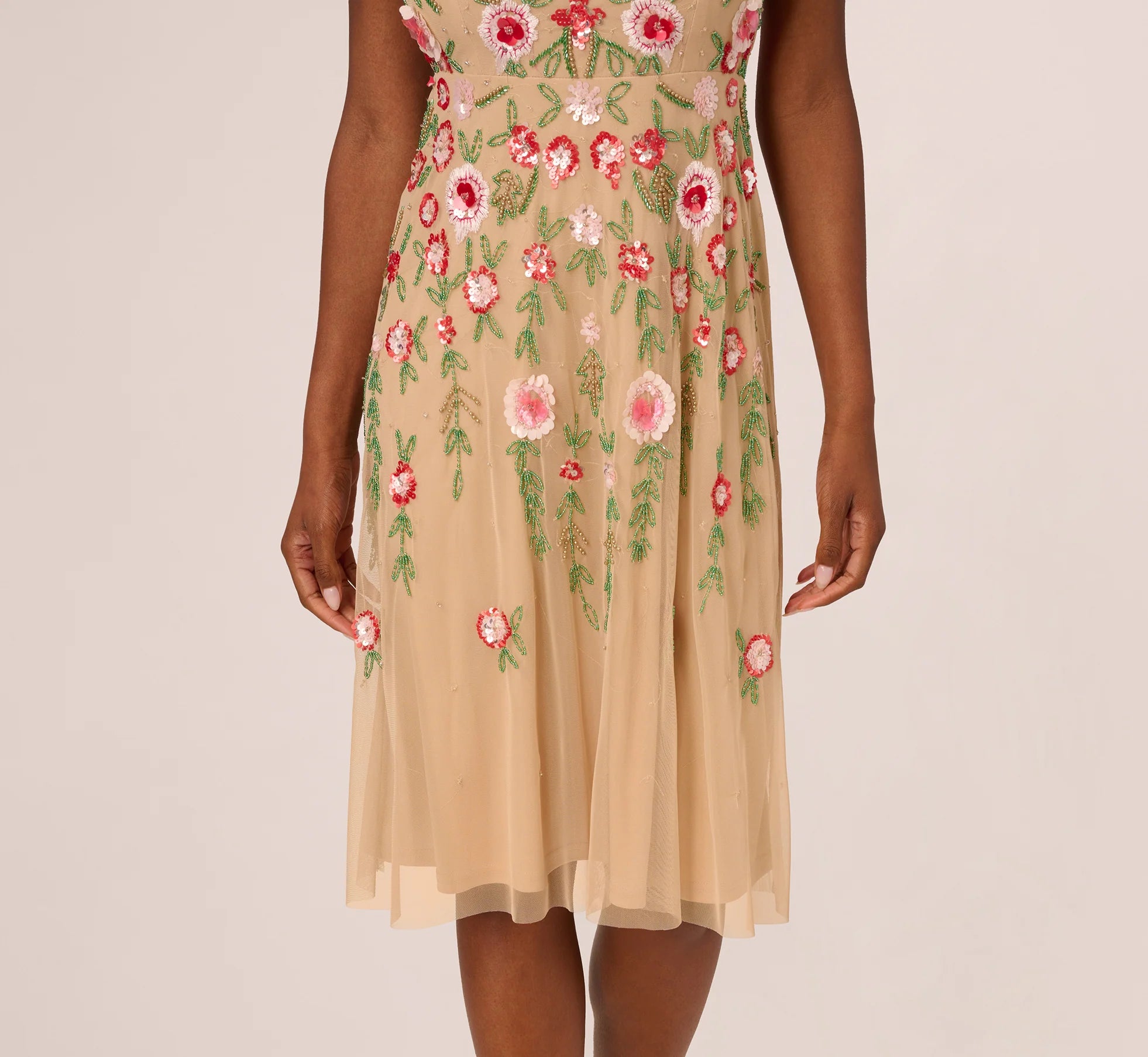 Sleeveless Fringe Trim Floral Bead Midi Dress In Nude Multi
